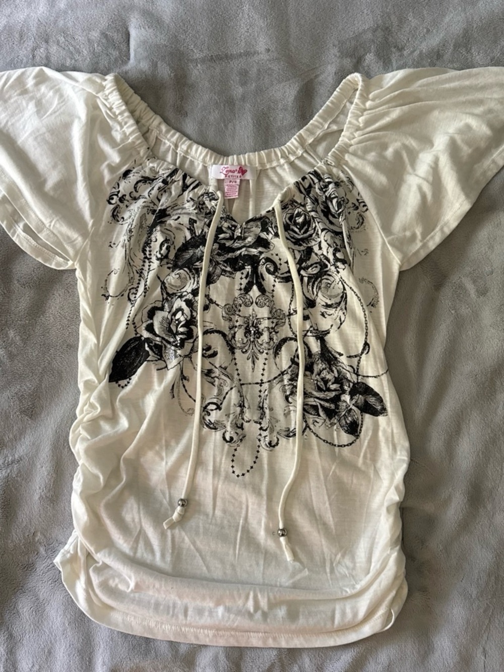 Ivory Floral Ruched Boho Peasant Top Petite Small